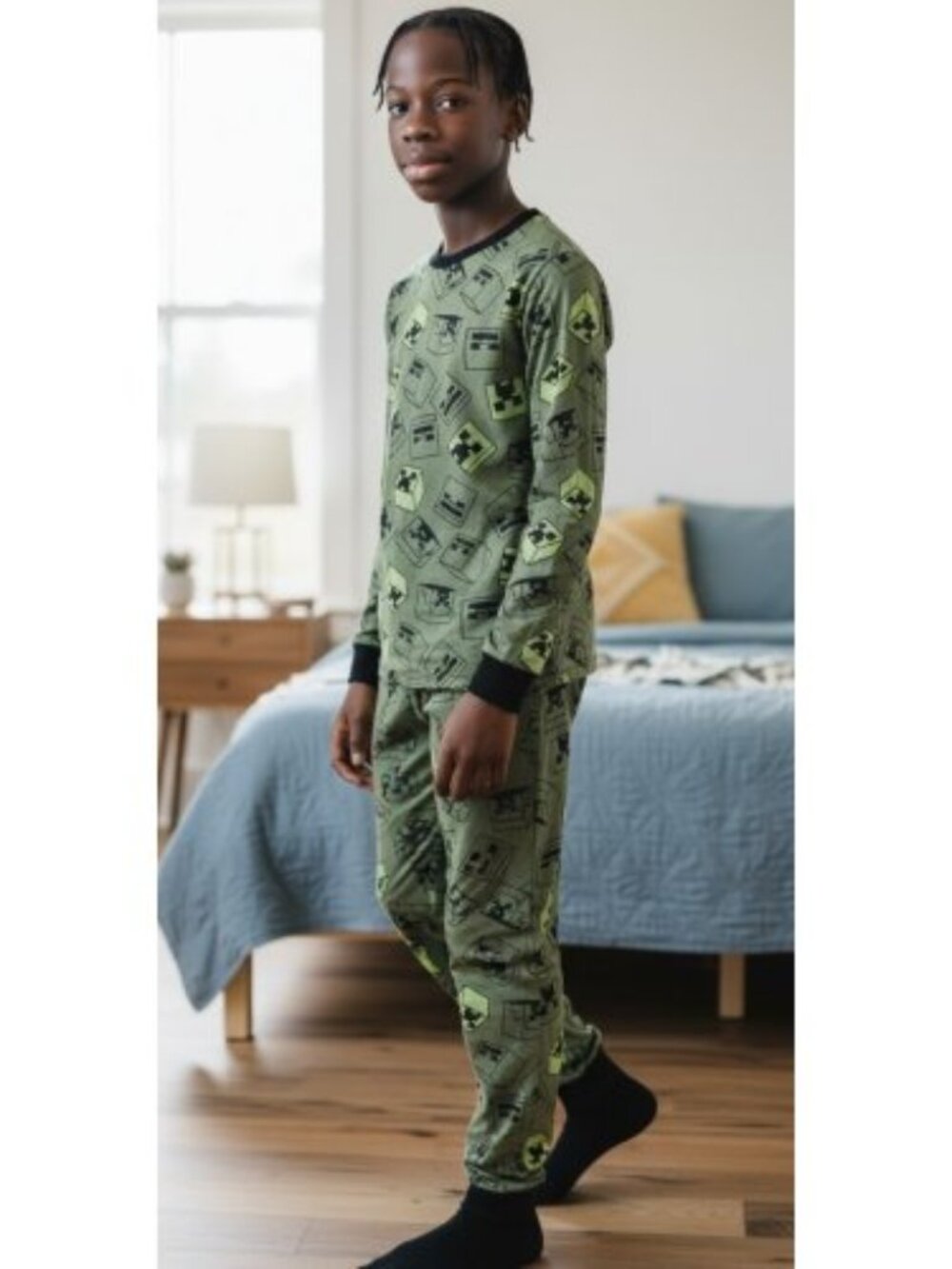 MINECRAFT Green CREEPER Print Long Sleeve Cotton Pajamas Boys Size 10